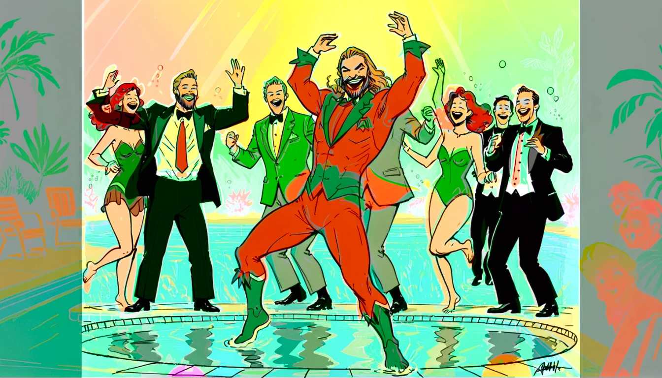 Line drawing, sketch, expressive, ink figure of Aquaman (vintage orange and green suit) dancing at a pool , overjoyed. The style should be simple and minimal. clearly standing in shallow end of pool, everyone is maximal over excited to be at prestigious pool , wide large smiles, cackling, 1990's animated tv show screengrab, uv light rays across face, VHS, glitch, distorted, nostalgia, 90's retro vibes, analog tape, vcr aesthetics, tv, television, comic 1990's, animated tv show screengrab, cinematic poster, image within image, multiple exposure, massive scale, rich color grading for shading depth, hand drawn rotoscope cartoon realism, chiaroscuro lighting, mixed media, vintage comic, retro original design, 1990's comic, sense of movement energy, tropical rot, rewilding, (full roygbiv color) ink charcoal expressive illustration,

