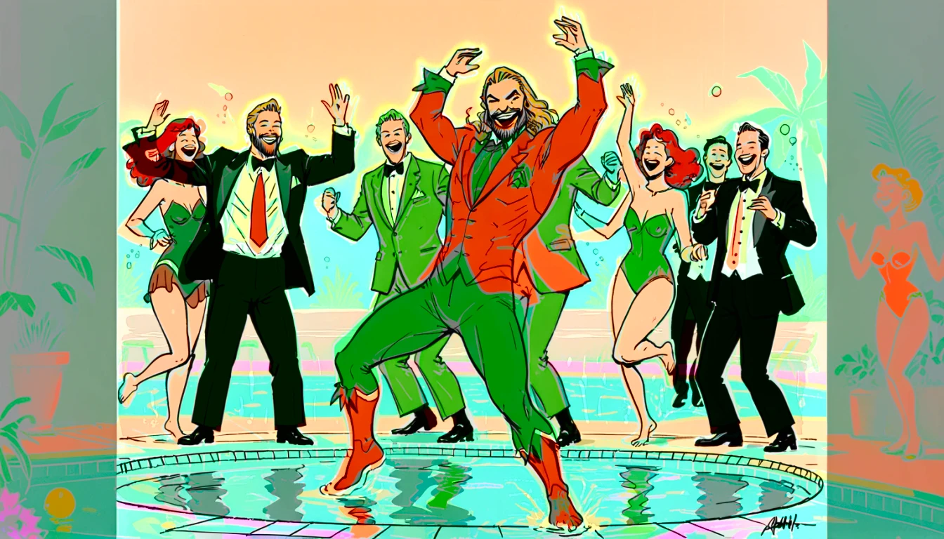 Line drawing, sketch, expressive, ink figure of Aquaman (vintage orange and green suit) dancing at a pool , overjoyed. The style should be simple and minimal. clearly standing in shallow end of pool, everyone is maximal over excited to be at prestigious pool , wide large smiles, cackling, 1990's animated tv show screengrab, uv light rays across face, VHS, glitch, distorted, nostalgia, 90's retro vibes, analog tape, vcr aesthetics, tv, television, comic 1990's, animated tv show screengrab, cinematic poster, image within image, multiple exposure, massive scale, rich color grading for shading depth, hand drawn rotoscope cartoon realism, chiaroscuro lighting, mixed media, vintage comic, retro original design, 1990's comic, sense of movement energy, tropical rot, rewilding, (full roygbiv color) ink charcoal expressive illustration,
