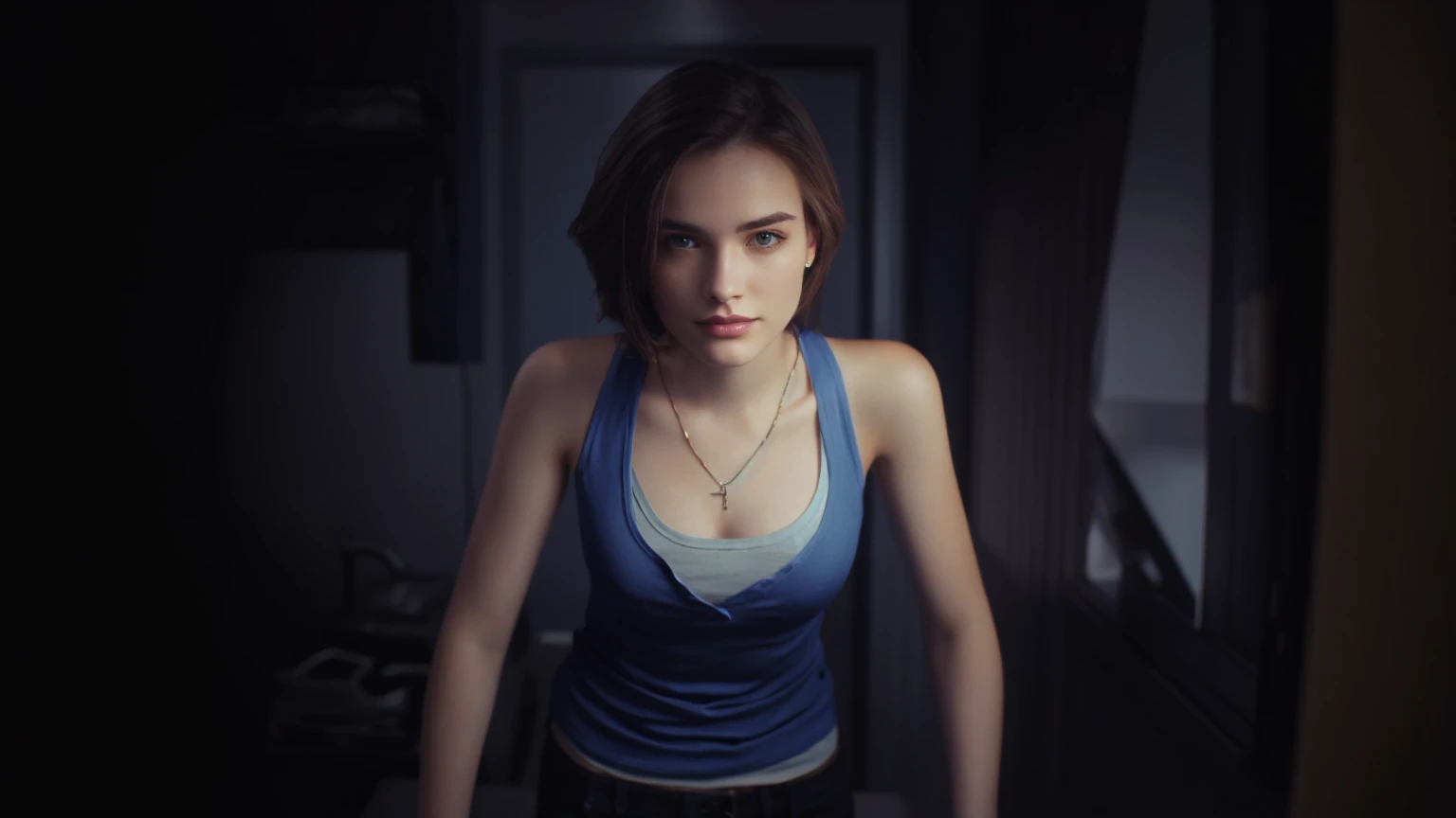 woman, blue shirt, looking forward
