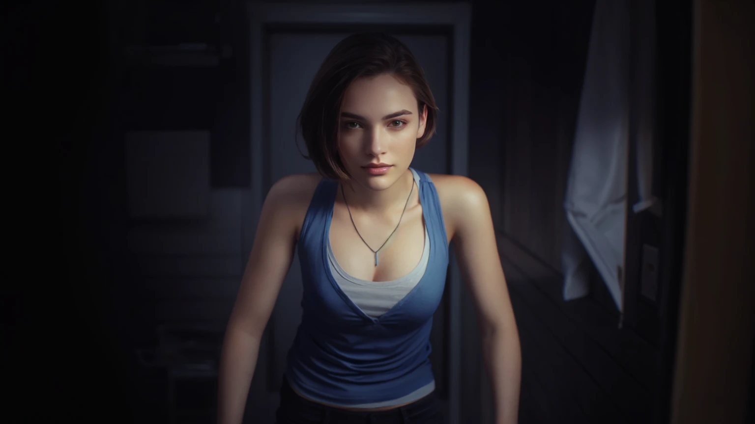 woman, blue shirt, looking forward