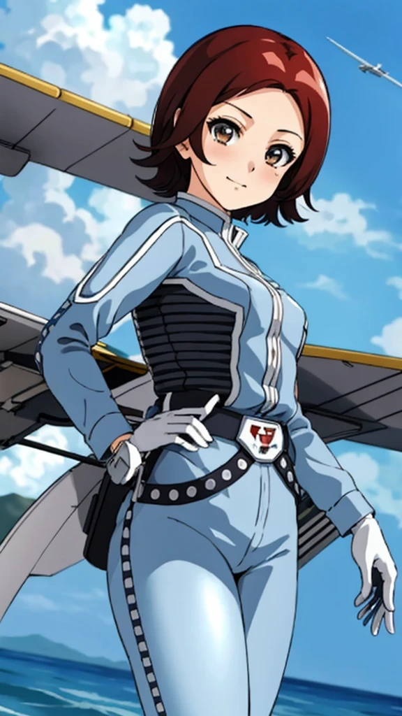 masterpiece, best quality, 独奏,1girl,looking at viewer,, cowboy shot,sea,anime style,
anne、Ultra Guard Interior、Fighter Aircraft Background、