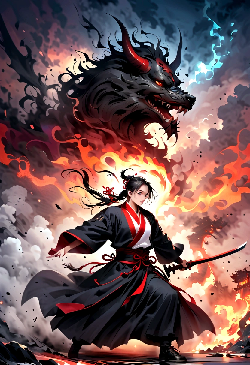 A painting,The painting shows a man holding a sword and a demon, Beautiful Shinigami, Morbacher, Inspired by Shunkosai Hokushu, in the art style of Morbacher, Ashura,From Chinese mythology, God of Chaos, Inspired by Ryūkōsai Jokei, in style of peter more