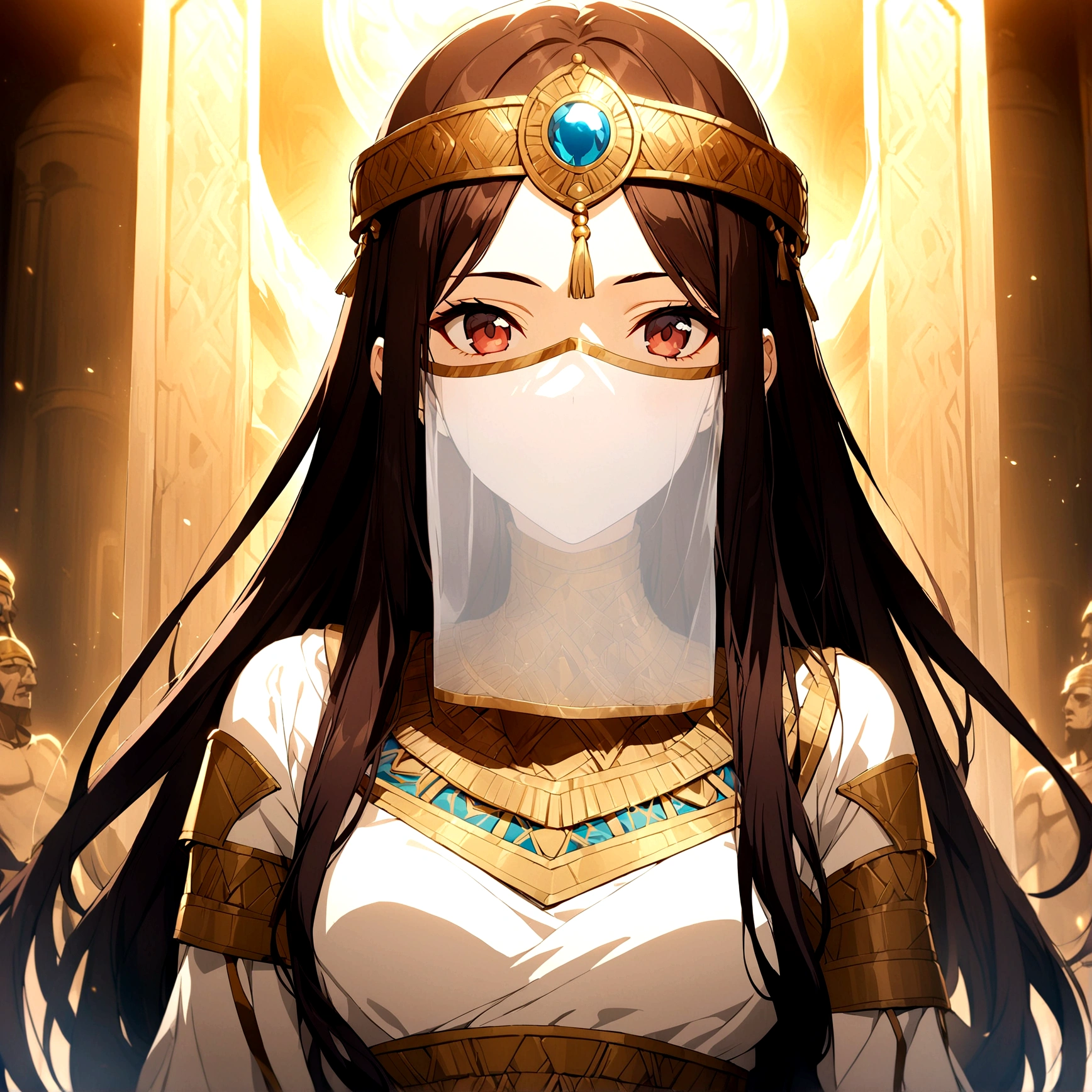 1girl, long hair, dark hair, ancient civilization clothes, white glove, mouth veil, throne background, game cg,