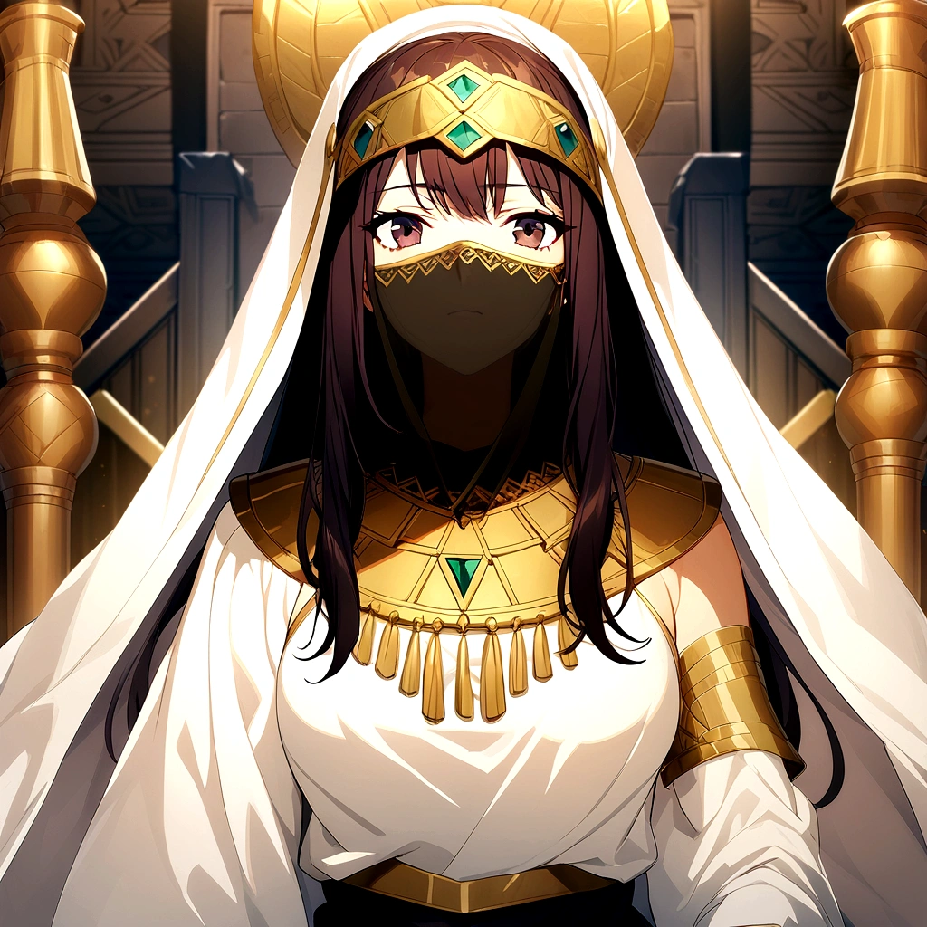 1girl, long hair, dark hair, ancient civilization clothes, white glove, mouth veil, throne background, game cg, 