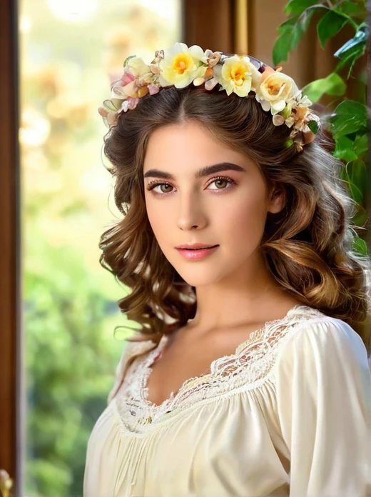 woman with oval face, dark brown wavy hair, wearing a white tunic with delicate iridescent tones, walking in a beautiful flower garden

medium: oil painting
beautiful detailed eyes, beautiful detailed lips, extremely detailed eyes and face, long eyelashes
chestnut brown hair in elaborate curls, styled with a delicate floral hair accessory
elegant and ornate dress in vibrant colors, adorned with delicate lace and embroidery
perfectly manicured hands holding a bouquet of fresh flowers
soft and glowing skin, with a healthy rosy complexion
subtle expression of youthful innocence and curiosity in her eyes
graceful posture and gentle smile, radiating timeless charm
faint sunlight gently filtering through a window, casting a warm glow on her face
impeccable attention to lighting and shading, emphasizing the girl's natural beauty
rich and vibrant color palette, capturing the elegance and opulence of 19th century Munich
subtle brushstrokes and fine details, showcasing the artist's skill and mastery of the medium
(masterpiece:1.2), ultra-detailed, (photorealistic:1.37), HDR, UHD, professional
classic portrait style, reminiscent of the great masters of the era
overall warm and inviting atmosphere, transporting the viewer to a bygone era