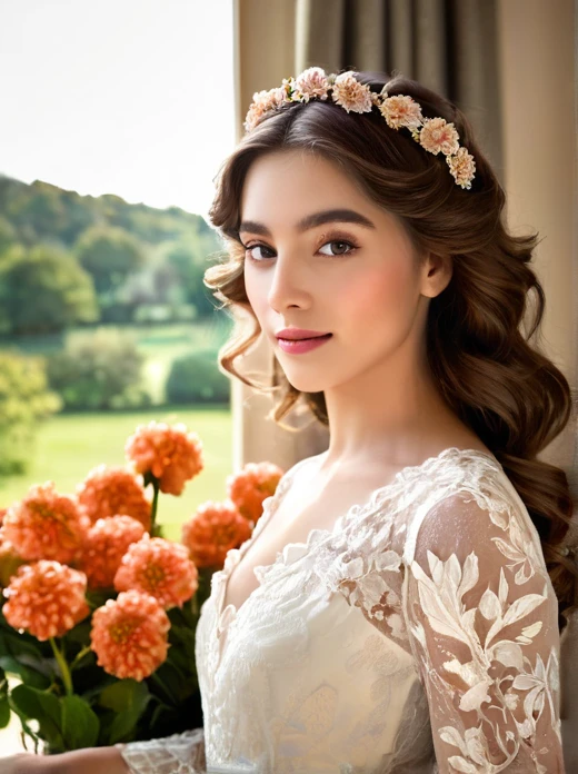 woman with oval face, dark brown wavy hair, wearing a white tunic with delicate iridescent tones, walking in a beautiful flower garden
medium: oil painting
beautiful detailed eyes, beautiful detailed lips, extremely detailed eyes and face, long eyelashes
chestnut brown hair in elaborate curls, styled with a delicate floral hair accessory
elegant and ornate dress in vibrant colors, adorned with delicate lace and embroidery
perfectly manicured hands holding a bouquet of fresh flowers
soft and glowing skin, with a healthy rosy complexion
subtle expression of youthful innocence and curiosity in her eyes
graceful posture and gentle smile, radiating timeless charm
faint sunlight gently filtering through a window, casting a warm glow on her face
impeccable attention to lighting and shading, emphasizing the girl's natural beauty
rich and vibrant color palette, capturing the elegance and opulence of 19th century Munich
subtle brushstrokes and fine details, showcasing the artist's skill and mastery of the medium
(masterpiece:1.2), ultra-detailed, (photorealistic:1.37), HDR, UHD, professional
classic portrait style, reminiscent of the great masters of the era
overall warm and inviting atmosphere, transporting the viewer to a bygone era