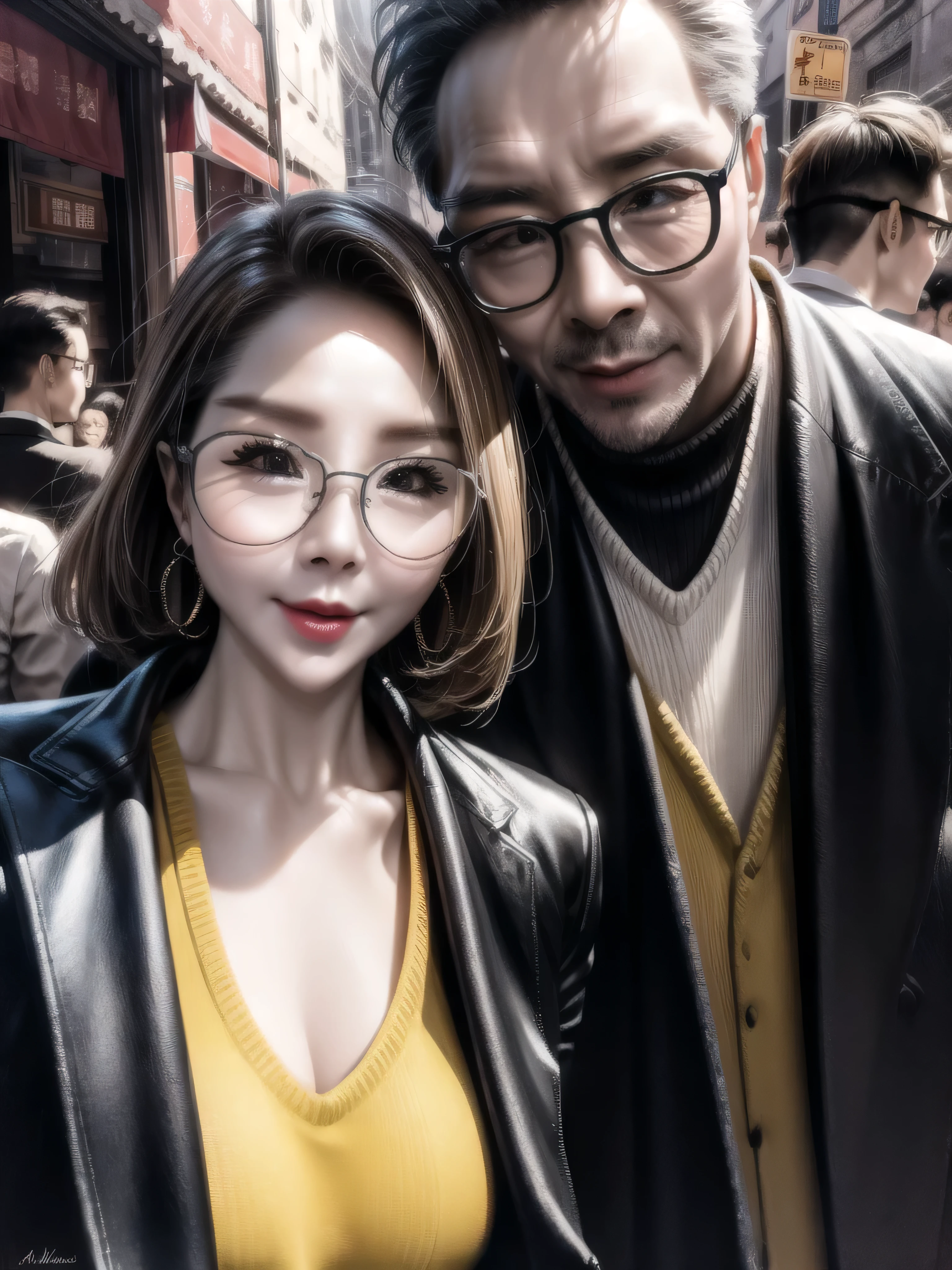In a crowded street,a beautiful woman wearing sexy suit and an old man are making out on road side, UHD, masterpiece, textured skin, super detail, best quality, 8k