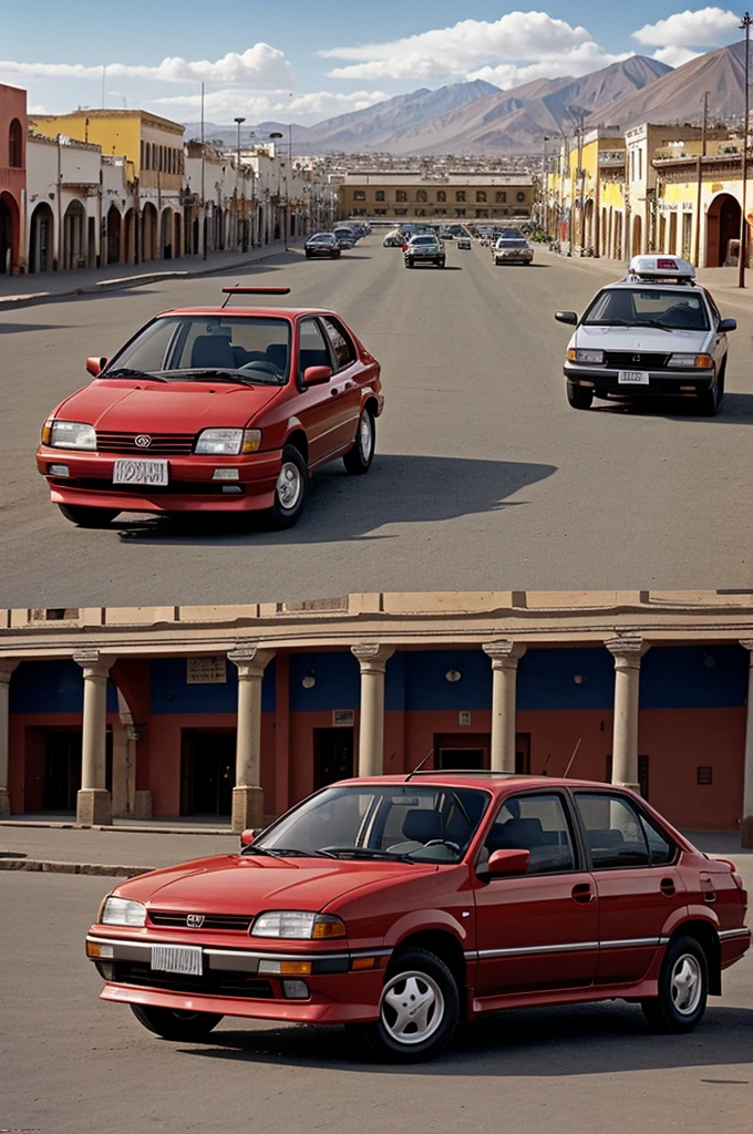 Running Toyota Tercel 1994 with red Toyota Corolla 2003 and with a background of the main square of Arequipa in Peru, that has 2 views, one from the front and the other diagonally 