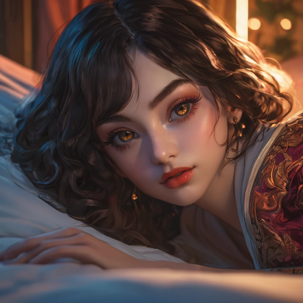 a young woman,beautiful detailed eyes,beautiful detailed lips,extremely detailed eyes and face,long eyelashes,demon slayer outfit,lying on bed,sensual pose, body,smooth skin,highly detailed,photorealistic,8k,ultra-detailed,masterpiece,dramatic lighting,warm color palette,fantasy,mystical