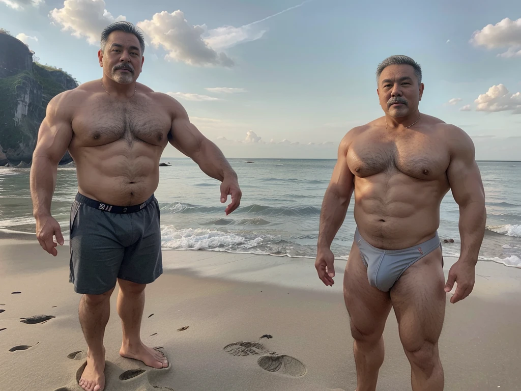 2 vietnamese grandfathers with gray hair, mature face, a thick mustache, a short chin beard, bear body, wearing a massive bulging gray jockstraps standing at the beach, have belly, big muscular chest, a sexy pose.