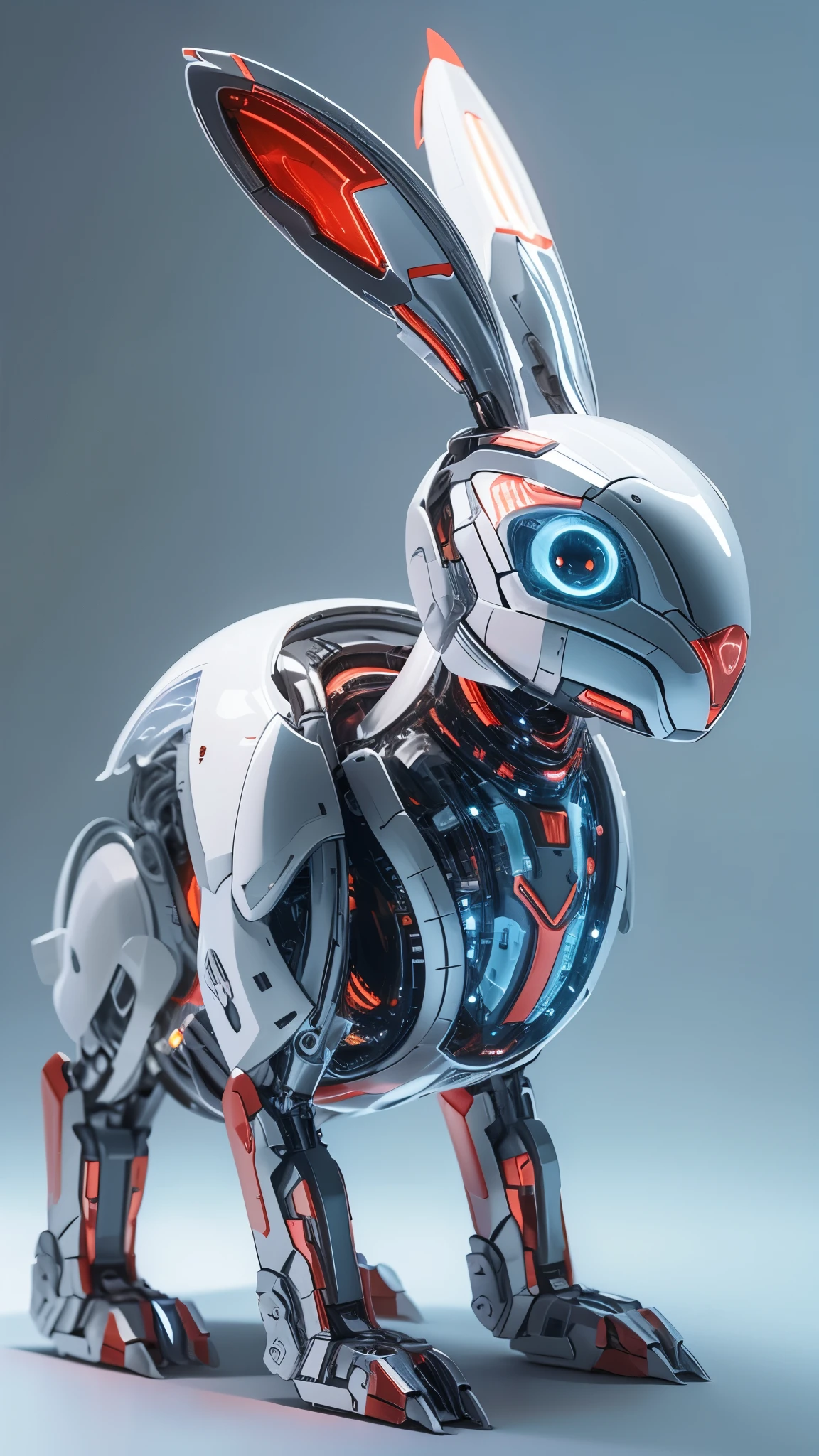 an animal-type cyber-style robotic rabbit: "Imagine an animal-type cyber-style robotic rabbit with a sleek, red and 
white metallic body that gleams with a pristine sheen. From within its powerful frame, a radiant, mesmerizing blue 
light emanates, creating a captivating spectacle. This blue light serves as a powerful and striking contrast against 
the rabbit's black metallic exterior, accentuating its cybernetic features and exuding an aura of futuristic allure. 
The rabbit's form embodies both strength and cutting-edge design. Now, create an image that vividly captures the 
essence of this animal-type robotic rabbit, showcasing its futuristic allure and undeniable power. The image should 
transport viewers to a world where technology and nature seamlessly merge, giving rise to this extraordinary 
creation.