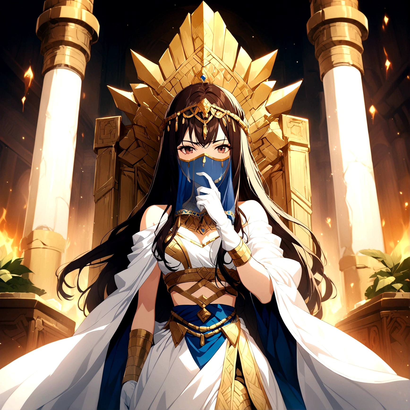 1girl, long hair, dark hair, ancient civilization clothes, white glove, mouth veil, throne background, game cg, warrior queen,