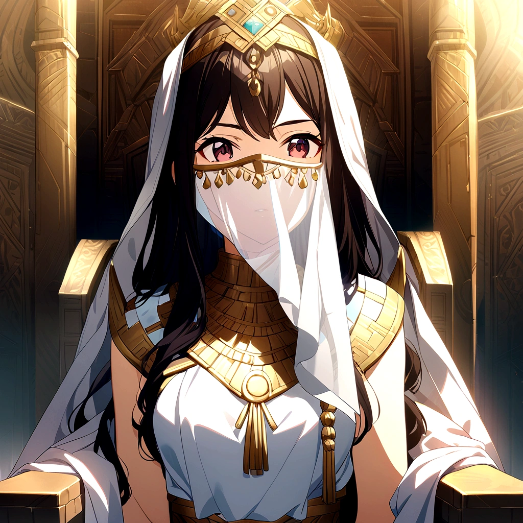 1girl, long hair, dark hair, ancient civilization clothes, white glove, mouth veil, throne background, game cg, warrior queen,