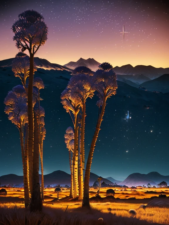 Night. The starry dark sky. Gloomy twisting tubular spiral abstract trees. The trees are illuminated with a golden glow by a drop of crystal. On the sides are floating dentrithy auricular blue spheres. In the distance, a single intricate lenticular mountain. Bright red fluffy grass. Clear shadows. Professional photo. Hyperdetalization, hyperrealistic. @spacemoon