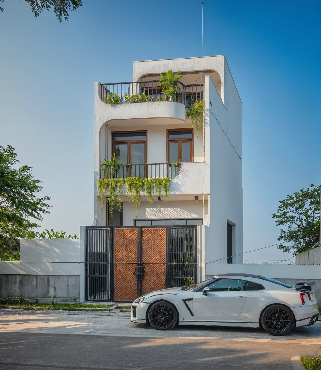 RAW photo , A white minimalism woodandwhite modern house with a double story and simple architecture, surrounded by trees in the yard of Vietnam, featuring a black metal gate and fence, landscape design, natural light, clear sky, blue background, high resolution photography, architectural photography, architectural appearance. The building has square windows made from white ceramic tiles, while the walls feature grid designs, There is also an entrance to another home nearby in the style of architectural photography, road, sidewalk, sidewalk trees, 8k uhd, dslr, soft lighting, high quality, film grain, Fujifilm XT3