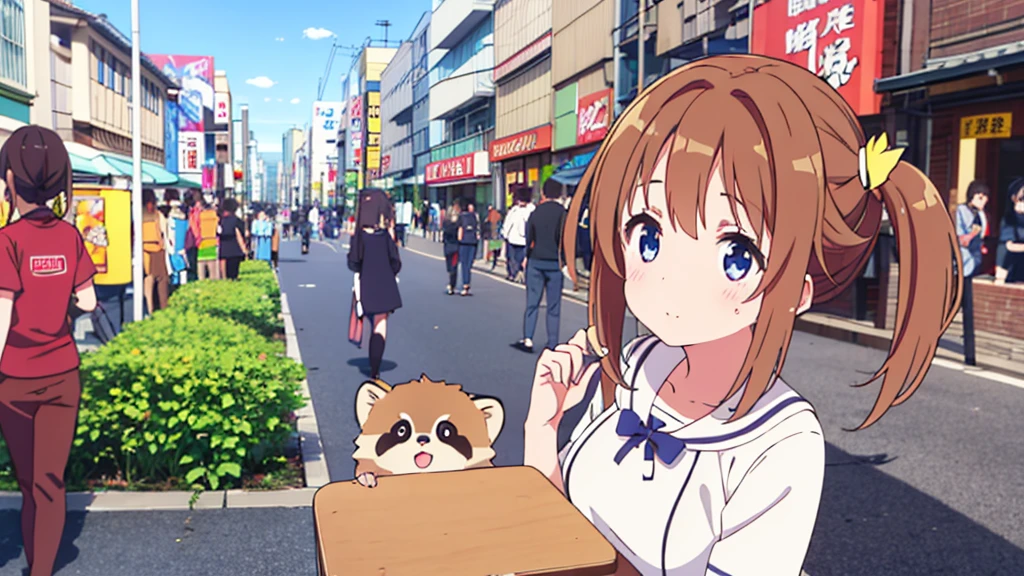 Nekomimi girl with short dress and long stockings on Akihabara street. Tanuki blushes on her cheeks.