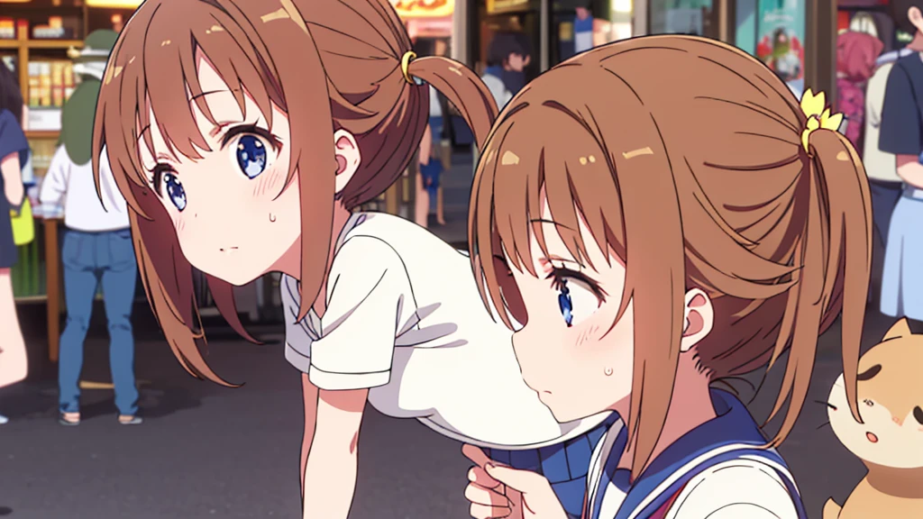 Girl with short dress and long stockings on Akihabara street. Tanuki blushes on her cheeks.