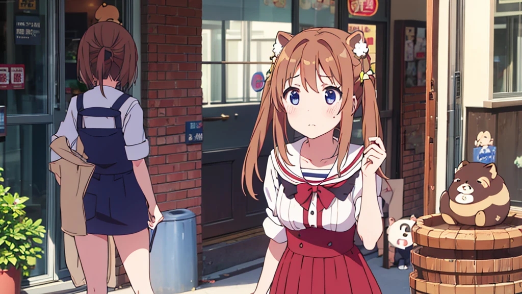 Girl with short dress and long stockings on Akihabara street. Tanuki blushes on her cheeks.  