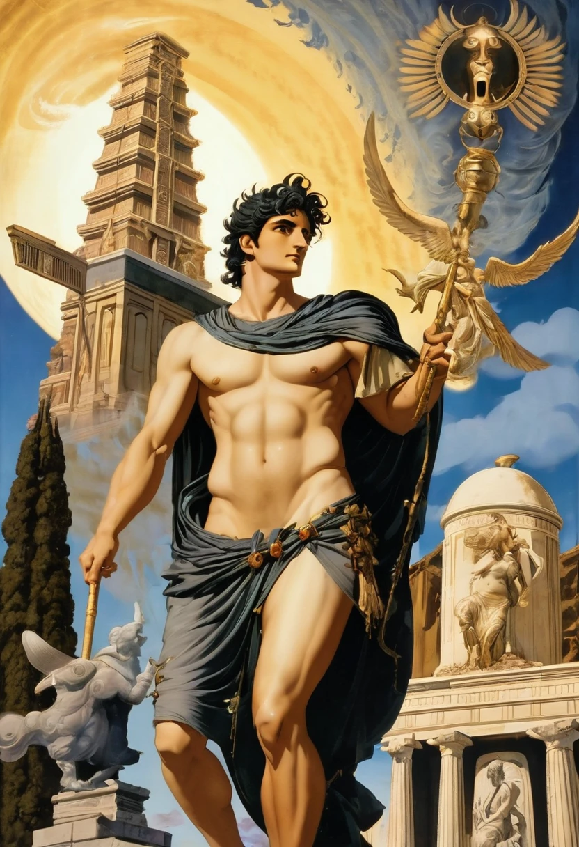 Apollo with shine coming from his back, Hades with a decay behind his back, Hades is next to Apollo, the background is a temple with philosophical symbols.