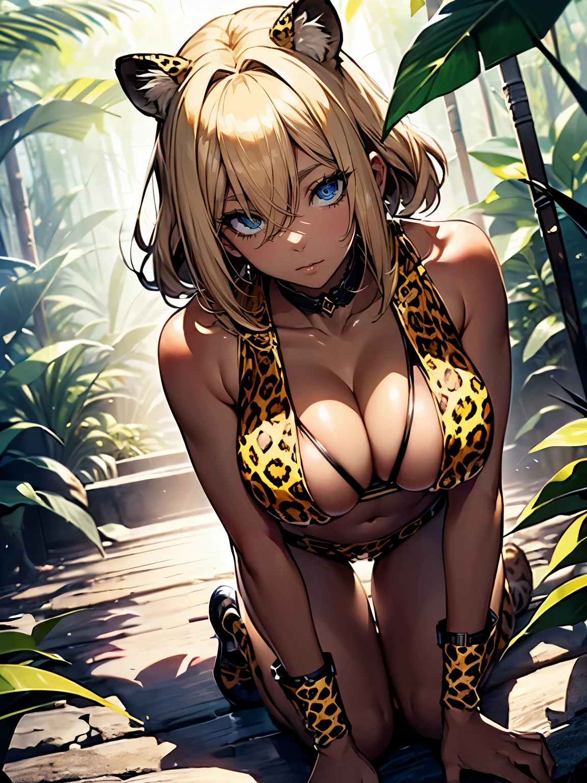 ((Seductive lady:1.3, solo:1.5))、((fusion of leopard and lady:1.4))、((all fours, full body))、((yellow color, spats:1.2))、((dark skin))、blonde hair、((looking up at viewer))、((from above:1.2))、((wild:1.3))、((Being in jungle:1.3))、erect nipples、((underboob:1.3))、((crop top navel:1.2))、((cleavage))、((Slender body))、((sleeveless:1.2))、((collarbone))、((Glossy realistic skin texture))、((shiny skin))、masterpiece, ultra-detailliert, 8k, hiquality, Top image quality, Smooth texture、watercolor