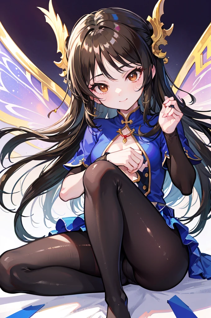 Highest quality　Highest quality　Draw a face carefully　High-definition anime-style face　Super Glowing Skin　Long black hair　Brown leotard　Golden pantyhose　Succubus　lure　smile　squat　Show the soles of your feet　Close up of the soles of the feet