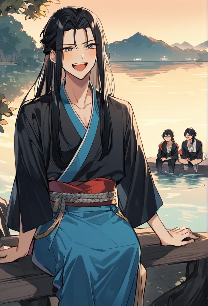 two,oriental man,sitting by the lake,One wearing blue clothes,One wearing black clothes,They all have long straight black hair,they are laughing。