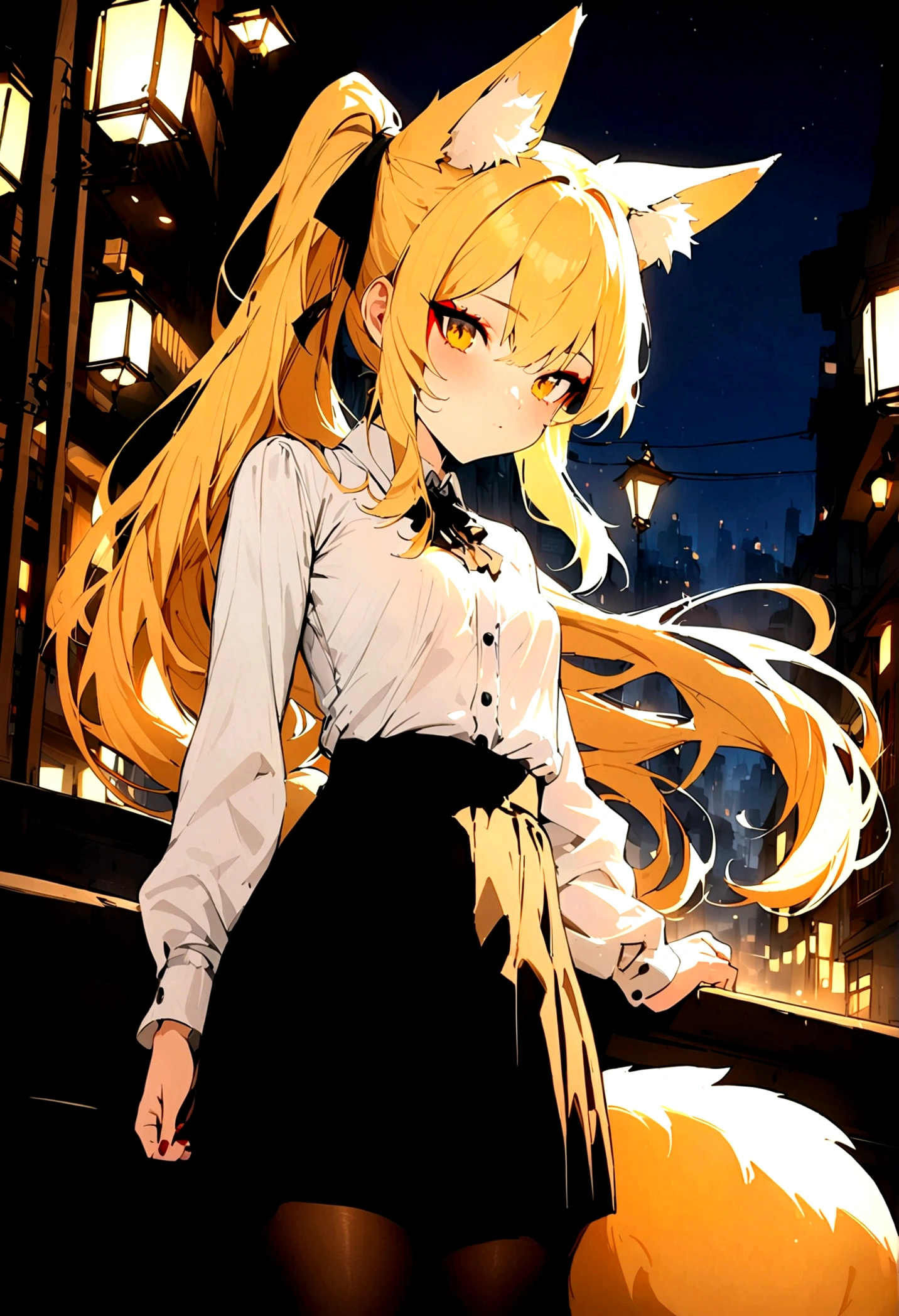 (masterpiece, best quality) junior,detailed, (beautiful,small breasts),Wearing black tights, blonde,long hair, side ponytail, elegant, (fox ears),nine tailed fox tail, red eyeshadow, golden eyes, femur，漏出femur，white shirt, seoktao art style,city background,girl,NIGHT