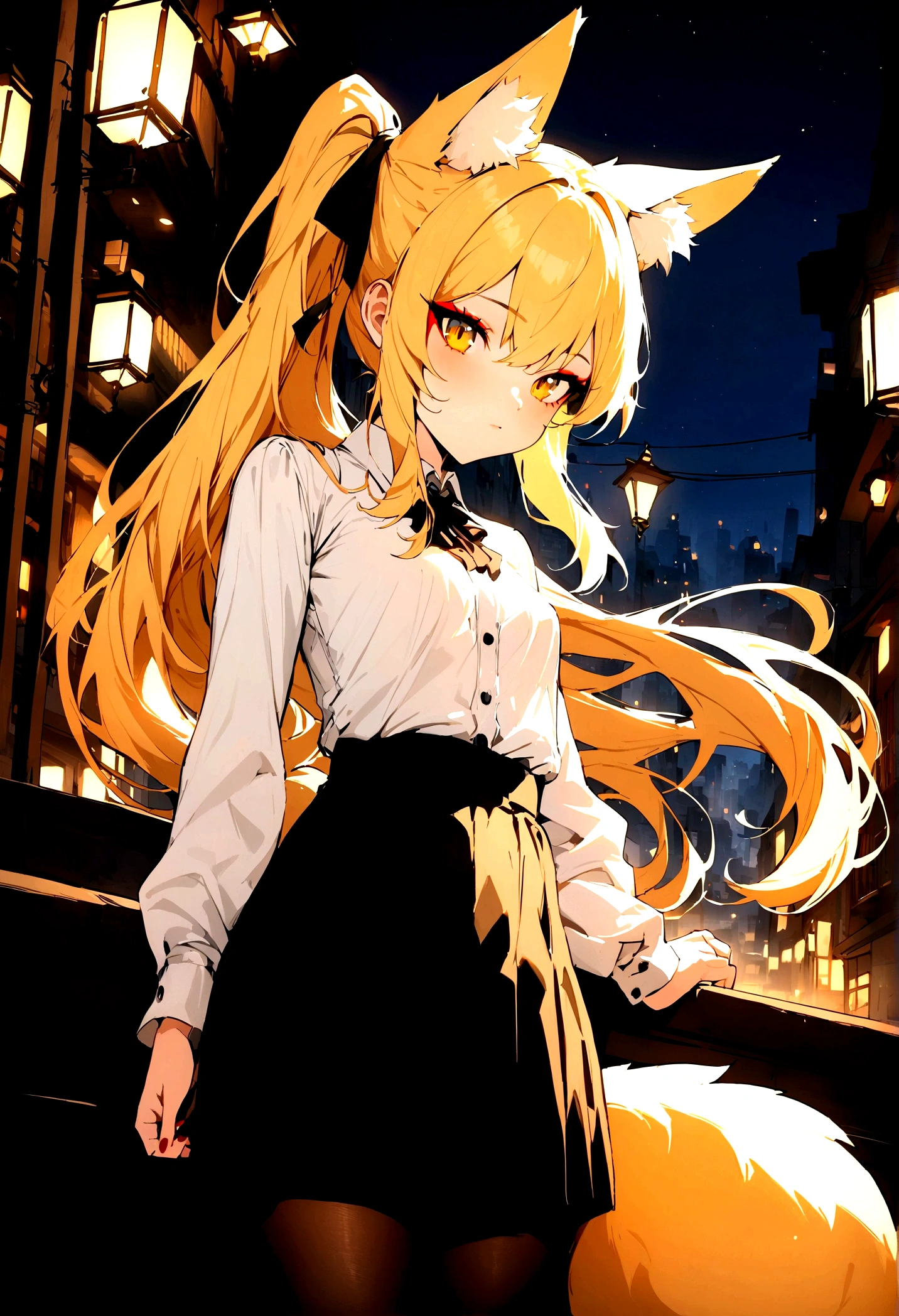 (masterpiece, best quality) junior,detailed, (beautiful,small breasts),Wearing black tights, blonde,long hair, side ponytail, elegant, (fox ears),nine tailed fox tail, red eyeshadow, golden eyes, femur,漏出femur,white shirt, seoktao art style,city background,girl,NIGHT