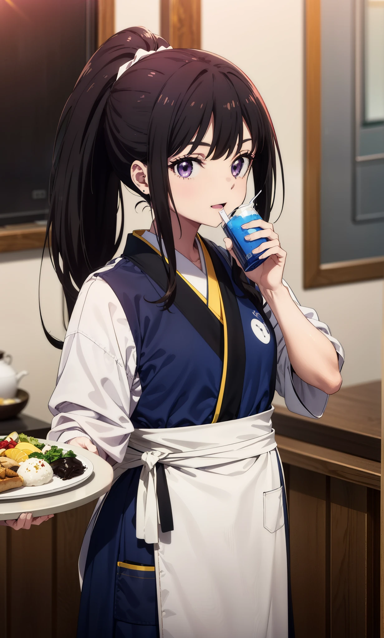 Takiuchikami, Long Hair, bangs, ponytail, Black Hair, (Purple eyes:1.1),smile,Open your mouth,
break japanese clothes, Blue Kimono, apron, waist apron, waitress,White socks,whole body,So that it can be included in the illustration,food, drink, Table Cleaning, tray, tray in one hand,Walking,
break indoors, hostel,
break looking at viewer, whole body,
break (masterpiece:1.2), Highest quality, High resolution, unity 8k wallpaper, (figure:0.8), (Beautiful attention to detail:1.6), Highly detailed face, Perfect lighting, Highly detailed CG, (Perfect hands, Perfect Anatomy),