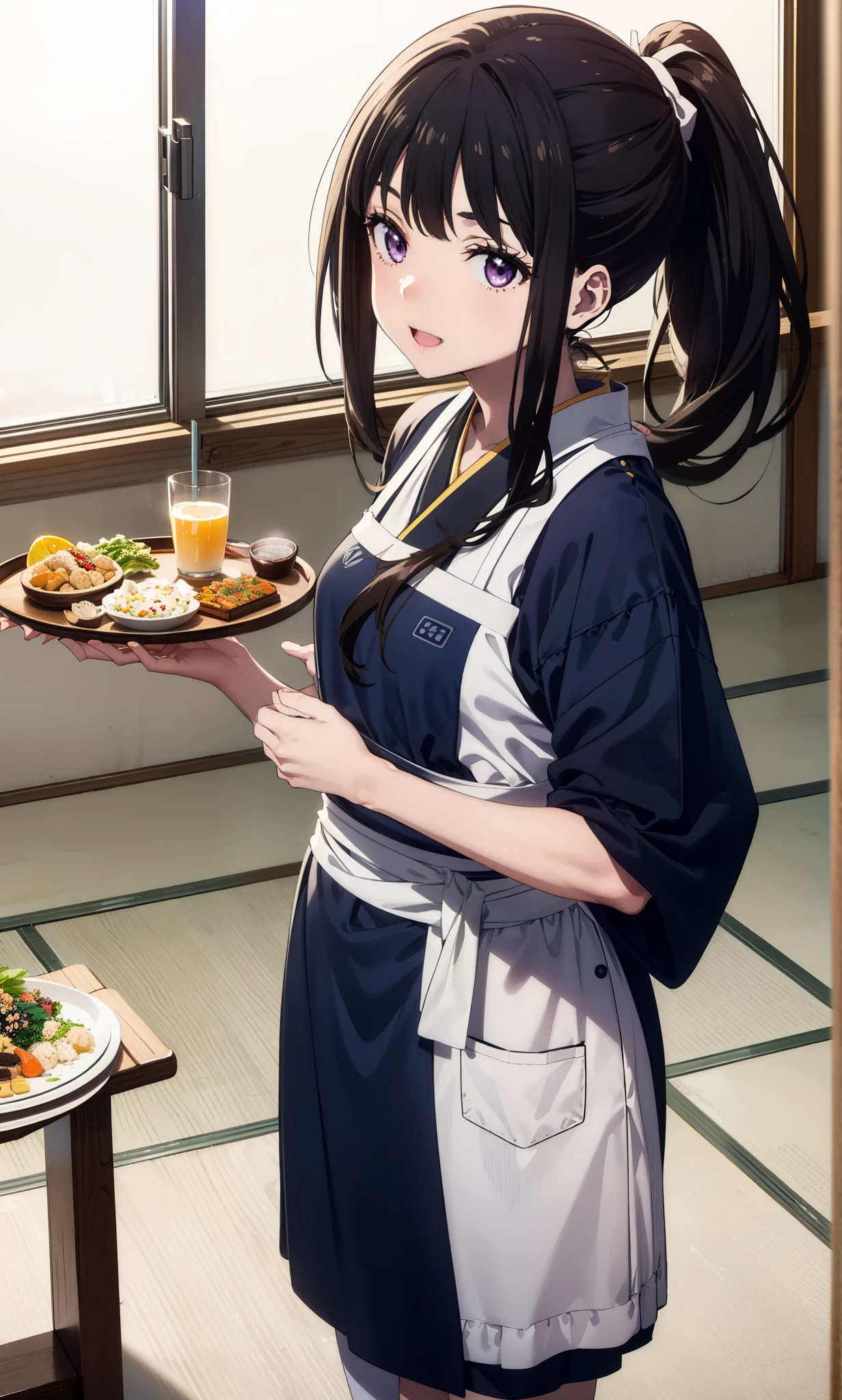 Takiuchikami, Long Hair, bangs, ponytail, Black Hair, (Purple eyes:1.1),smile,Open your mouth,
break japanese clothes, Blue Kimono, apron, waist apron, waitress,White socks,whole body,So that it can be included in the illustration,food, drink, Table Cleaning, tray, tray in one hand,Walking,
break indoors, hostel,
break looking at viewer, whole body,
break (masterpiece:1.2), Highest quality, High resolution, unity 8k wallpaper, (figure:0.8), (Beautiful attention to detail:1.6), Highly detailed face, Perfect lighting, Highly detailed CG, (Perfect hands, Perfect Anatomy),