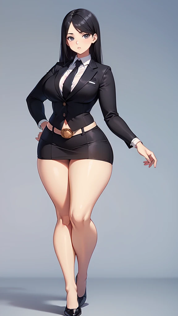 blank background, (((full body))), (masterpiece), ((best quality)), ((tall girl)), straight hair (curvy:1.6), (short skirt), shoes, belt below navel, black hair, (black suit and tie), wide hips