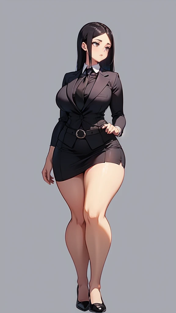 blank background, (((full body))), (masterpiece), ((best quality)), ((tall girl)), straight hair (curvy:1.6), (short skirt), shoes, belt below navel, black hair, (black suit and tie), wide hips