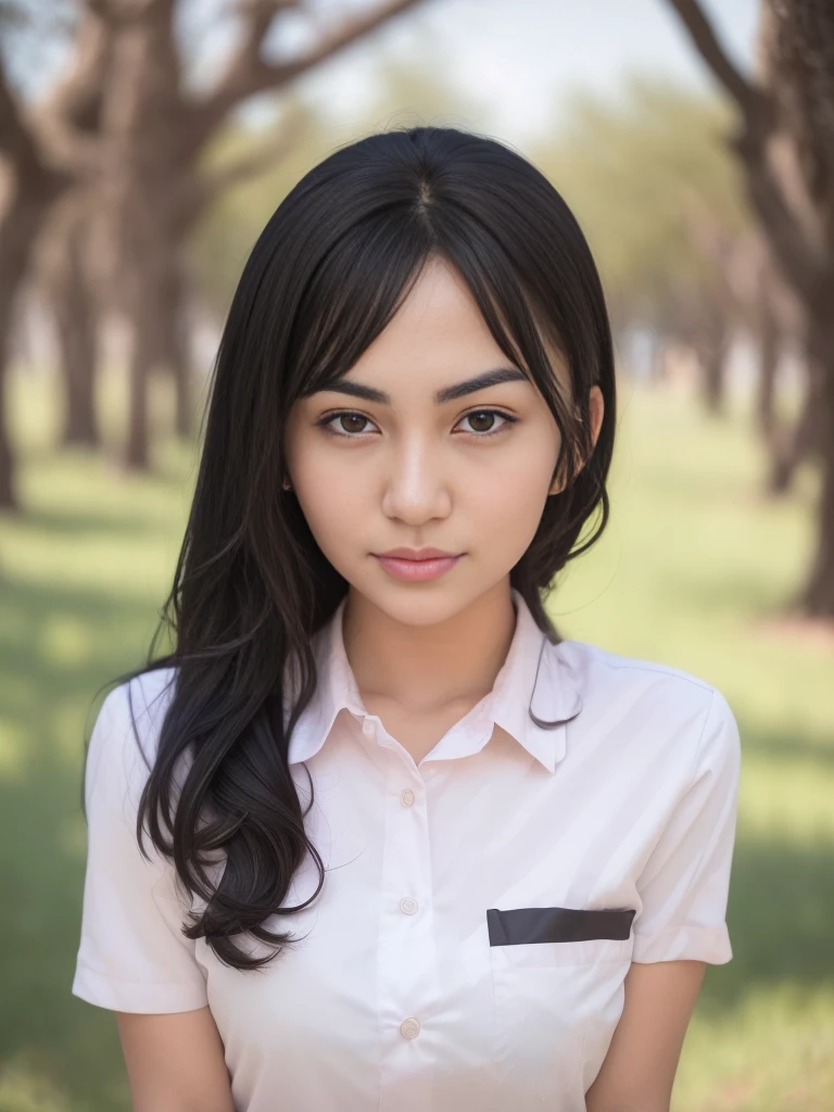 1girl, a girl in the middle of a park, (Indonesian_high_school_uniform), distance from audience, detailed face, detailed eyes,  detailed skin, looking at Viewer, clear light, (8k, RAW photo, best quality, masterpiece: 1.4), (realistic, realistic: 1.37), ultra-high resolution, photorealistic, high resolution, solo, wide muscular hips, realistic face, (detailed face), sexy pose