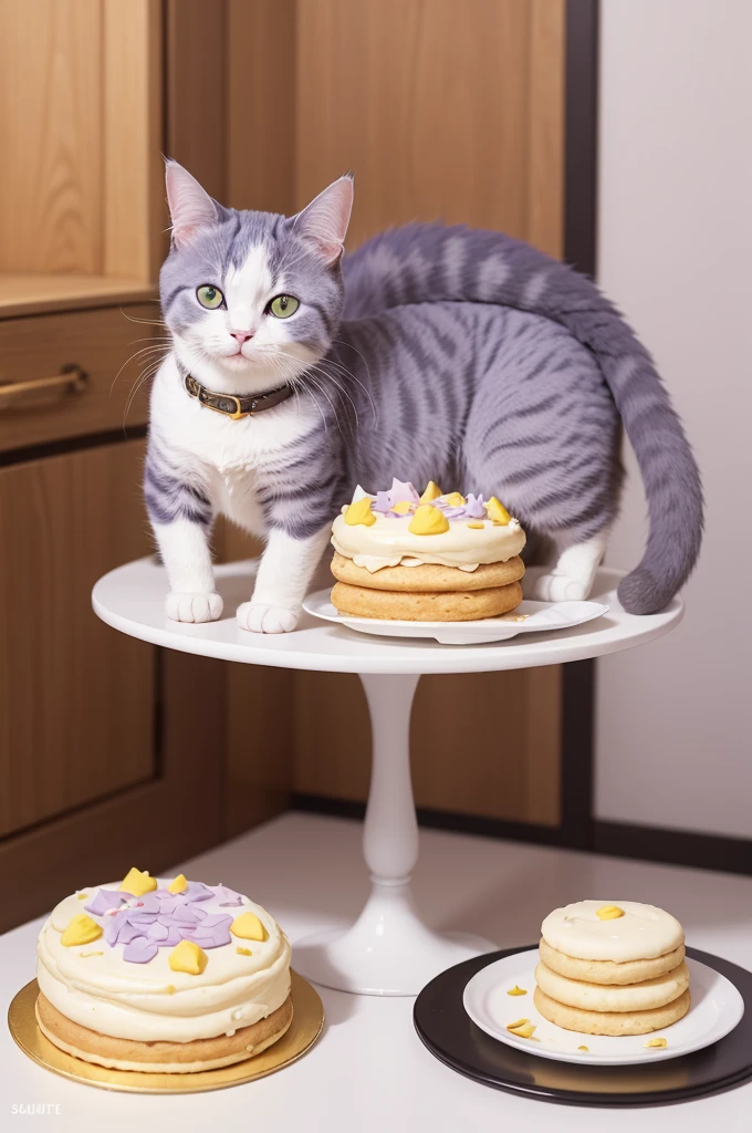 Make a logo with the title "pot cakes" and the subtitle "Da Nay" with lyrics that have to do with sweetness and lightness, and this time try to do something mixed with a cat coming out of a pot cake as if it were an element there and with lilac colors, offwhite, black and a touch of gold 