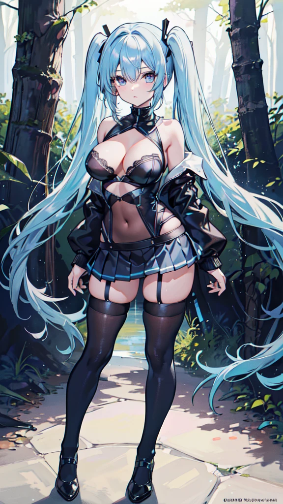 (absurdities, high resolution, ultra detailed),1girl, light blue hair with twin tails,neckline,breasts, black body suit, Exposed navel,light blue pleated mini skirt,Thighs,thigh high lace stockings,black socks,looking at the viewer,standing,Sensual posing,In the woods