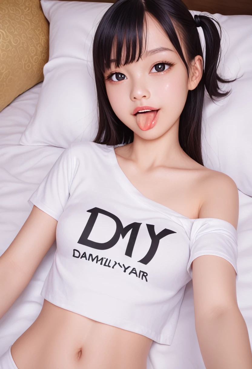pastel colors colors t-shirt,off-shoulder look,bare shoulder,ollarbone,midriff peek,hot pants,(open mouth:1.5),(tongue out:2),lying,Selfie,overhead shot,front view,upper body,(1girl,Beautiful 14 year old girl),((Slender,Small breasts,Small face,)),(looking at viewer),Black Hair,bangs,one side up,Beautiful and detailed,(Dimly lit room:1.5),White bed,pillow,Mischievous smile