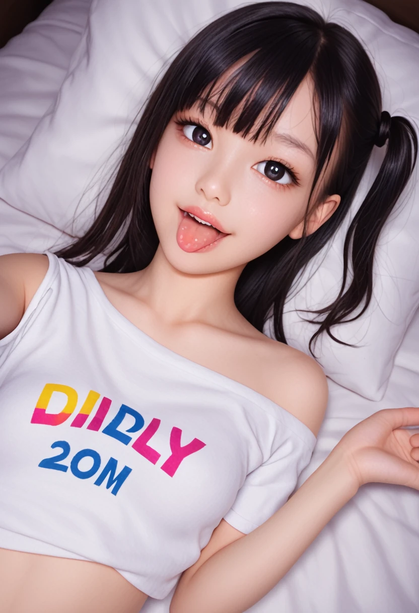 pastel colors colors t-shirt,off-shoulder look,bare shoulder,ollarbone,midriff peek,hot pants,(open mouth:1.5),(tongue out:2),lying,Selfie,overhead shot,front view,upper body,(1girl,Beautiful 14 year old girl),((Slender,Small breasts,Small face,)),(looking at viewer),Black Hair,bangs,one side up,Beautiful and detailed,(Dimly lit room:1.5),White bed,pillow,Mischievous smile