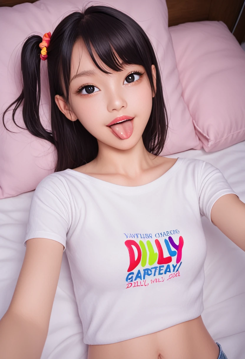 pastel colors colors t-shirt,off-shoulder look,bare shoulder,ollarbone,midriff peek,hot pants,(open mouth:1.5),(tongue out:2),lying,Selfie,overhead shot,front view,upper body,(1girl,Beautiful 14 year old girl),((Slender,Small breasts,Small face,)),(looking at viewer),Black Hair,bangs,one side up,Beautiful and detailed,(Dimly lit room:1.5),White bed,pillow,Mischievous smile
