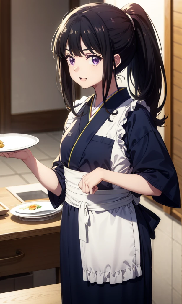 Takiuchikami, Long Hair, bangs, ponytail, Black Hair, (Purple eyes:1.1),smile,Open your mouth,
break japanese clothes, Blue Kimono, apron, waist apron, waitress,White socks,whole body,So that it can be included in the illustration,food, drink, Table Cleaning, tray, tray in one hand,Walking,
break indoors, hostel,
break looking at viewer, whole body,
break (masterpiece:1.2), Highest quality, High resolution, unity 8k wallpaper, (figure:0.8), (Beautiful attention to detail:1.6), Highly detailed face, Perfect lighting, Highly detailed CG, (Perfect hands, Perfect Anatomy),