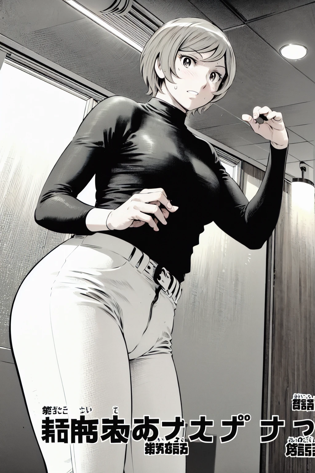 、(masterpiece、Highest quality)、Highest quality, Ultra-high resolution, (((masterpiece))), alone, Sweat、Big eyes,Tight black shirt、Tight white pants、belt、indoor、Composition from the front、(Cut the back hair short、short hair、blonde、woman)、Shortcuts、Embarrassed face、Cut your hair short、可愛いwomanの子、Big Breasts、office