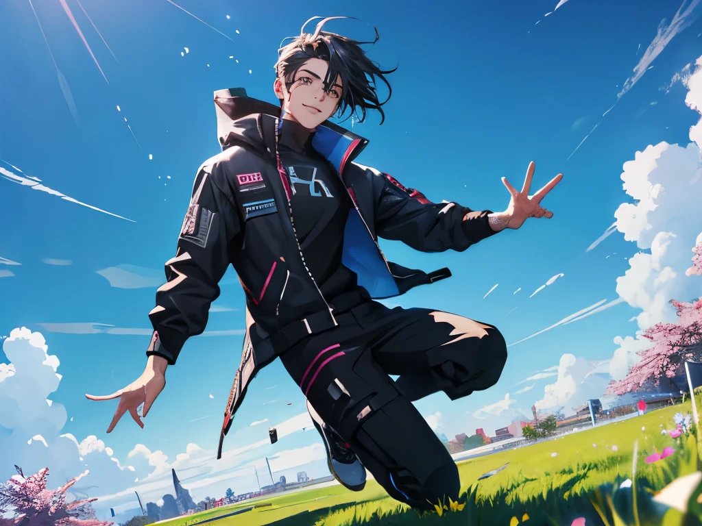 a male, half body view, jumping, look at viewer and smiling, use cyberpunk fashion, under blue clear sky, in beautiful grass and flower, high res, ultra sharp, 8k