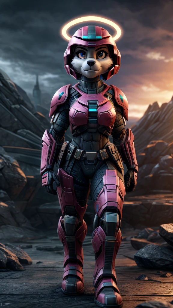 Skye from Paw Patrol as a Halo Spartan, female, combat armor, pink color, detailed, precise, solo, beautiful, 4K