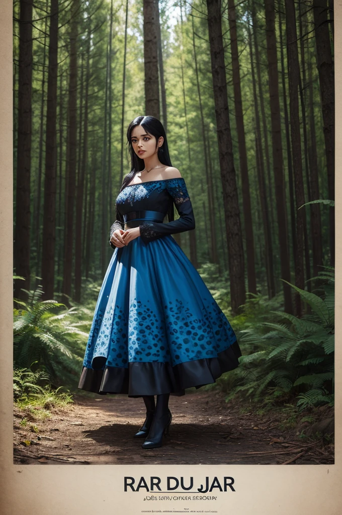 
3d jaguar with black hair wearing blue dress in the forest poster 