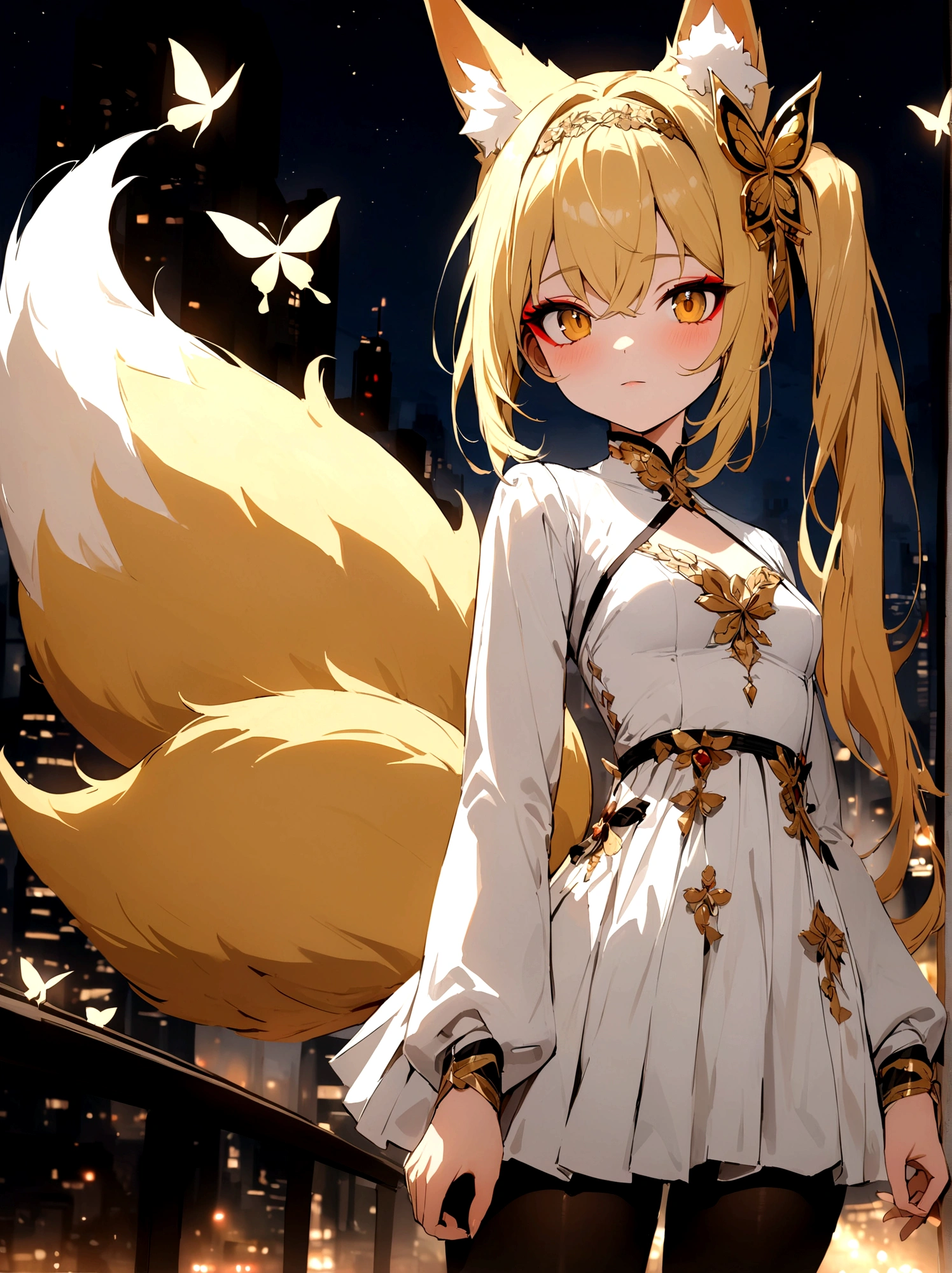 (masterpiece, best quality) junior,detailed, (beautiful,small breasts),Wearing black tights, blonde ,long hair, side ponytail(right_gold butterfly hairband), elegant, (fox ears),nine tailed fox tail, red eyeshadow, golden eyes, femur,漏出femur,white shirt, seoktao art style, city background,night