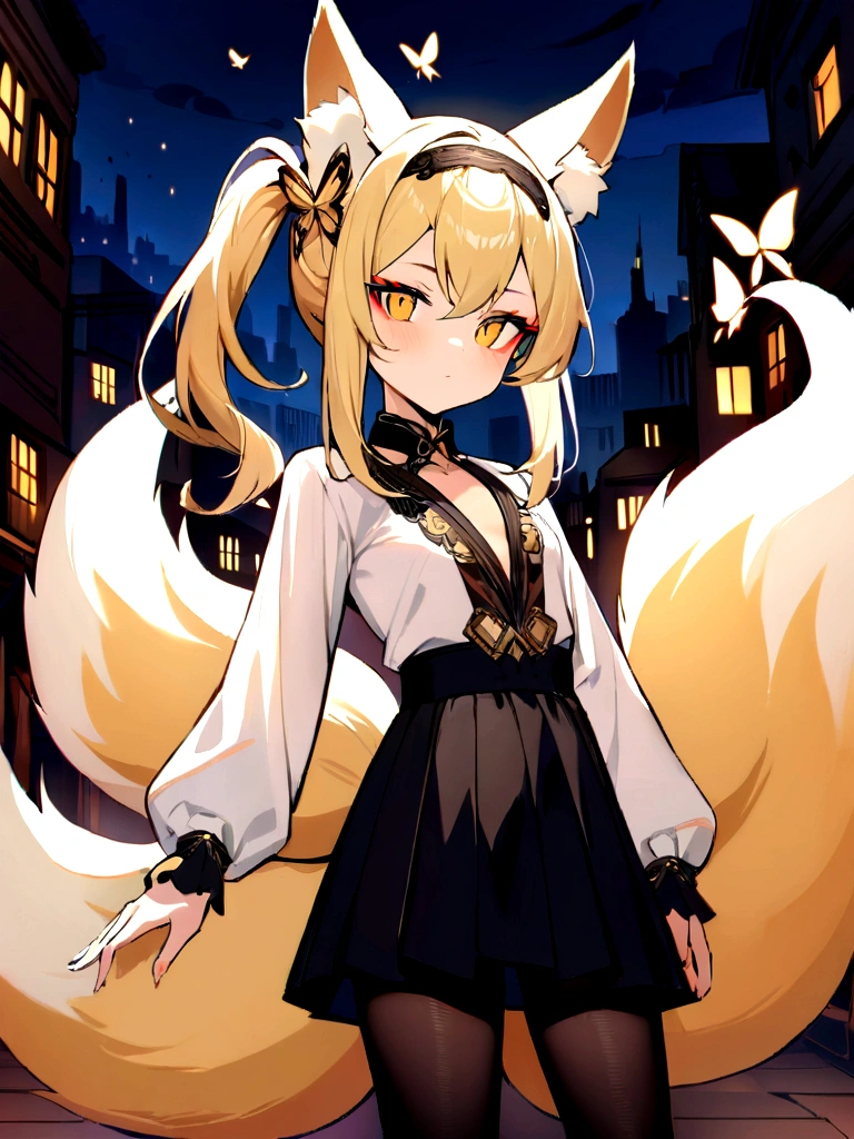 (masterpiece, best quality) junior,detailed, (beautiful,small breasts),Wearing black tights, blonde ,long hair, side ponytail(right_gold butterfly hairband), elegant, (fox ears),nine tailed fox tail, red eyeshadow, golden eyes, femur，漏出femur，white shirt, seoktao art style, city background,night