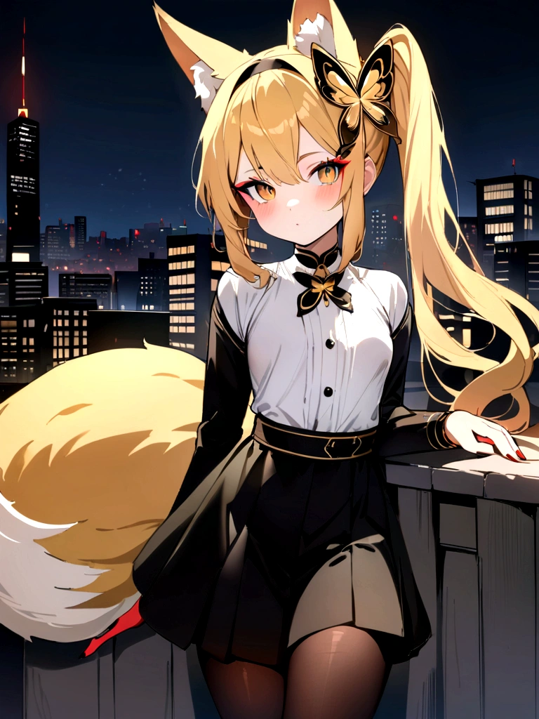 (masterpiece, best quality) junior,detailed, (beautiful,small breasts),Wearing black tights, blonde ,long hair, side ponytail(right_gold butterfly hairband), elegant, (fox ears),nine tailed fox tail, red eyeshadow, golden eyes, femur，漏出femur，white shirt, seoktao art style, city background,night