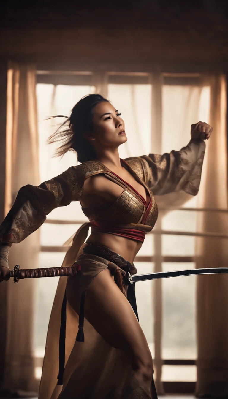 (8K, highest quality, masterpiece:1.2), (realistic:1.4), Raw photo, highest quality, ultra high resolution, best shadow, (full body:1), historical heroine, cleavage, Swordmaster, kabuki, (samurai sword), large scale amazing environment, horror, dark horror, highly detailed facial features, beautiful and perfect face, perfect eyes, perfect fingers,