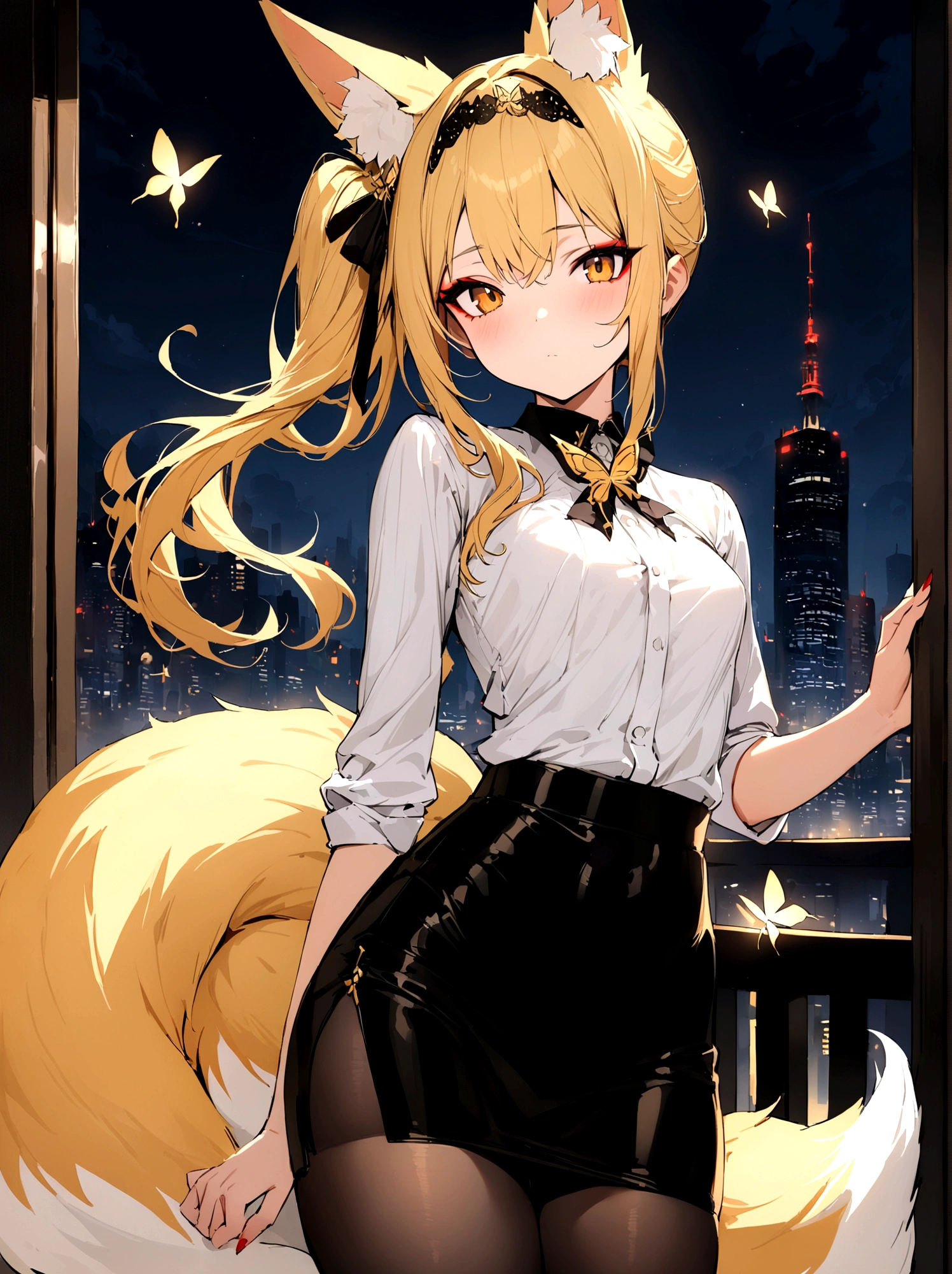 (masterpiece, best quality) junior,detailed, (beautiful,small breasts),Wearing black tights, blonde ,long hair, side ponytail(right_gold butterfly hairband), elegant, (fox ears),nine tailed fox tail, red eyeshadow, golden eyes, femur，漏出femur，white shirt, black pencil skirt, city background,night