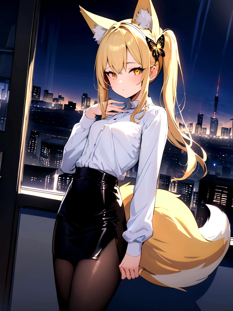 (masterpiece, best quality) junior,detailed, (beautiful,small breasts),Wearing black tights, blonde ,long hair, side ponytail(right_gold butterfly hairband), elegant, (fox ears),nine tailed fox tail, red eyeshadow, golden eyes, femur,漏出femur,white shirt, black pencil skirt, city background,night
