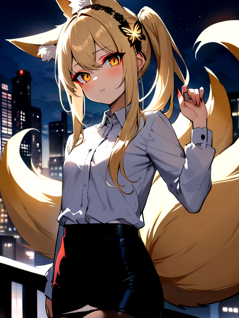 uploaded on e621, (by Whooo-Ya, by Sskomu \(artist\), by Kakure Eria),
solo female (fox Kimiko)
(wear sleeveless polo shirt, black skirt, black stilettos), (small breasts),
((detailed fluffy fur)), (looking at viewer, three-quarter portrait, three-quarter view),
BREAK,
((standing at city street on sunset raining day)), (rain, fog, mist, cyberpunk, neon light),
(detailed background, depth of field, half body shadow, sunlight, ambient light on the body),
(masterpiece, best quality, ultra realistic, 4k, 2k, (high detail:1.3),
(3d \(artwork\):1.2), blender \(software\), (soft focus:1.2), ray tracing, (unreal engine:1.3), absurd res)